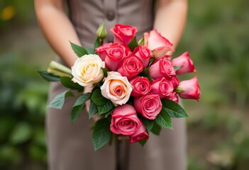 woman in dress holding a pink roses bouquet of fresh flowers