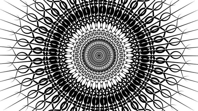 Circular tunnel mandala black and white rotating, decorative animation, arabic or indian style optical illusion loop footage abstract background for vj, dj, template, meditation, intro and outro video