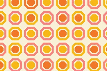 A vibrant geometric pattern featuring octagonal shapes in pink, orange, and yellow hues, set against a light background.