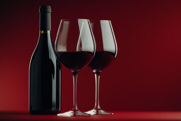 wine bottle and two glasses of red wine with copy space for text