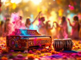 A vibrant Holi celebration with a decorated harmonium and tabla in focus, scattered Holi powders and flowers adding cultural depth, soft natural light creating warmth.