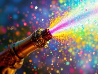 A single bright pichkari spraying a rainbow of Holi colors, close-up shot capturing the fine details of the water spray, dynamic and artistic composition.