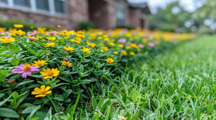 Fresh blooming flowers in lush green garden with vibrant colors