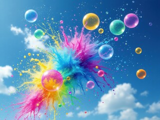 Water balloons bursting mid-air with Holi colors creating a vibrant spray, captured against a blue sky, bright and dynamic celebratory scene.