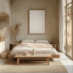 A bedroom with a bed, a wooden table, and a window