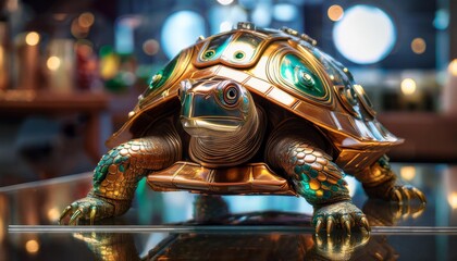 Fototapeta premium colorful tortoise stand-on mirror