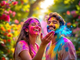 Close-up of hands smearing bright Holi colors on a friend's face, cheerful expressions, vibrant outdoor environment, energetic and dynamic scene.