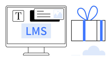 Monitor displaying LMS interface with text, image, and course icons next to a wrapped gift box. Ideal for online education, e-learning platforms, digital courses, educational gifts, student rewards