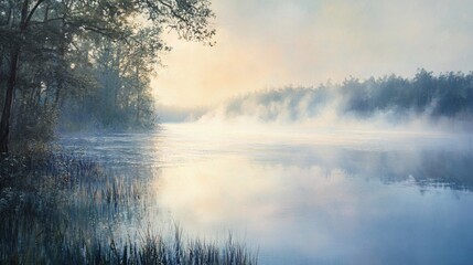 Misty sunrise lake, tranquil forest, calm water, nature scene, peaceful background, website banner