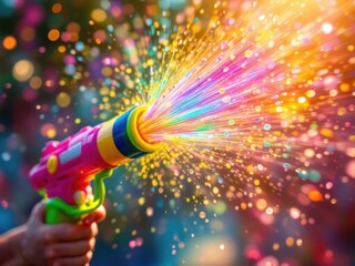 Close-up of hands holding a vibrant water gun filled with Holi-colored water, splashes captured mid-action, bright and lively background.