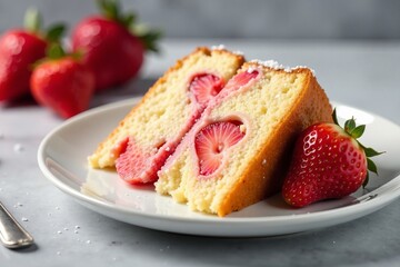 Delicious slice of strawberry cake served on a white plate with fresh strawberries.