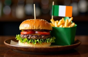 Irish burger and fries wooden table decorated for St. Patrick Day. AI Generative
