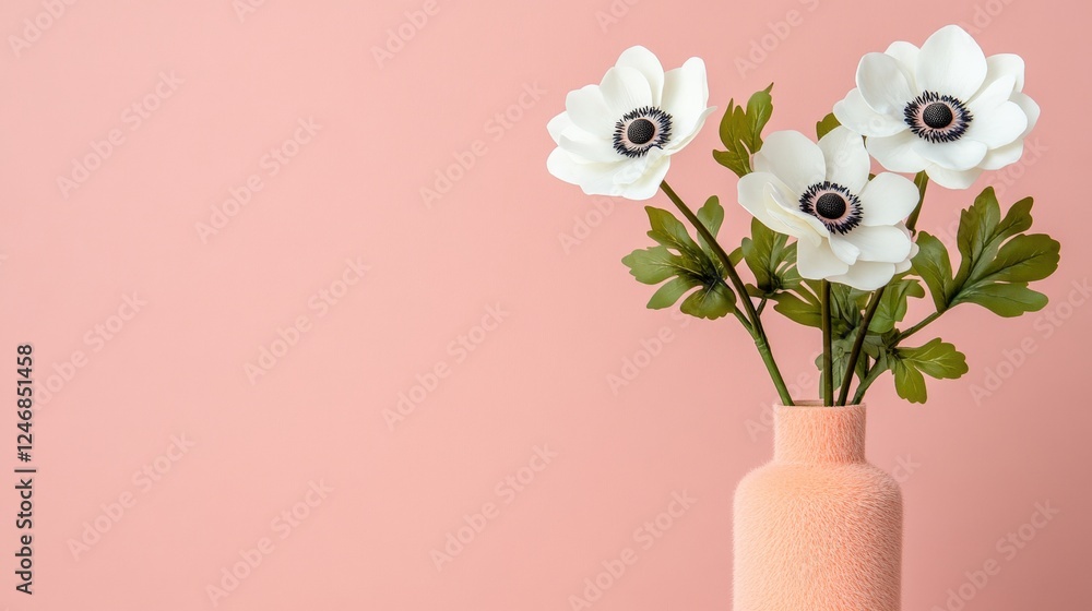 Poster vase with colorful flowers displayed on a soft pink background in a bright and cheerful setting