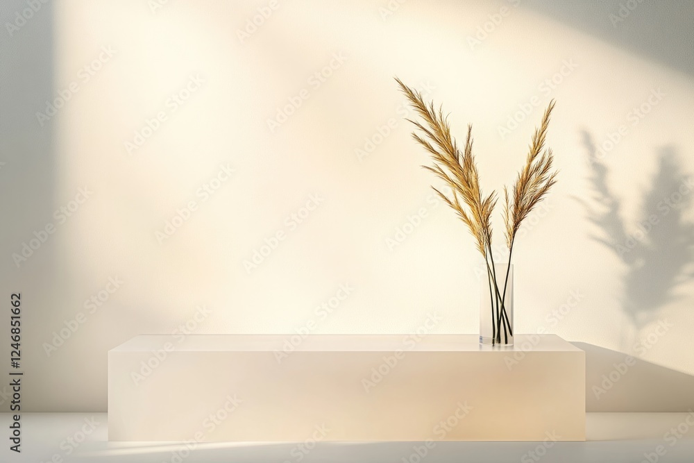 Poster podium in soft translucent tones illuminated with natural lighting to create airy and elegant aesthe