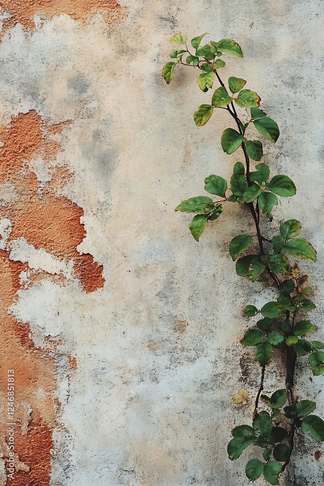 Poster weathered brick wall with climbing green plant creating rustic textured background : generative ai