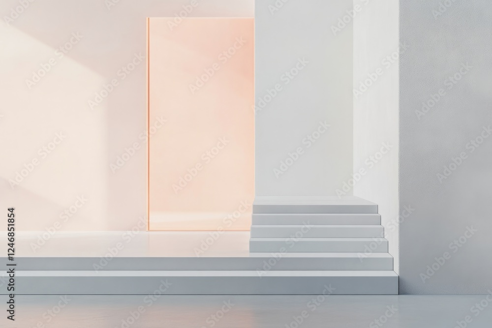 Poster podium in soft translucent tones illuminated with natural lighting to create airy and elegant aesthe