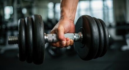 Fototapeta premium Close-up of a hand lifting a heavy dumbbell in a gym setting