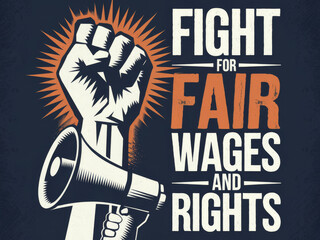 Bold protest poster with raised fist and megaphone advocating for fair wages and rights