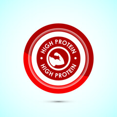 High protein icon, High protein label design for packaging, Nutrition healthy eating badge, Red color button design