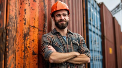 Confident worker in hard hat smiling against rusty container background