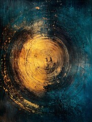 Abstract Oil Painting with Blue and Gold Textured Circular Design : Generative AI
