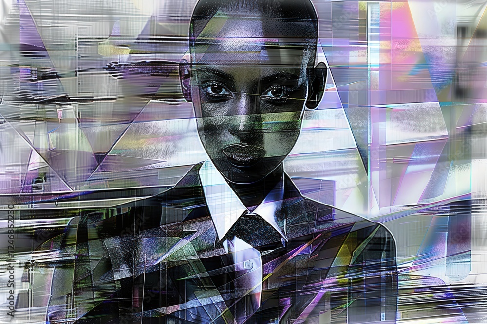 Poster a digital portrait featuring a figure in a suit, blending glitch art and abstract patterns, creating