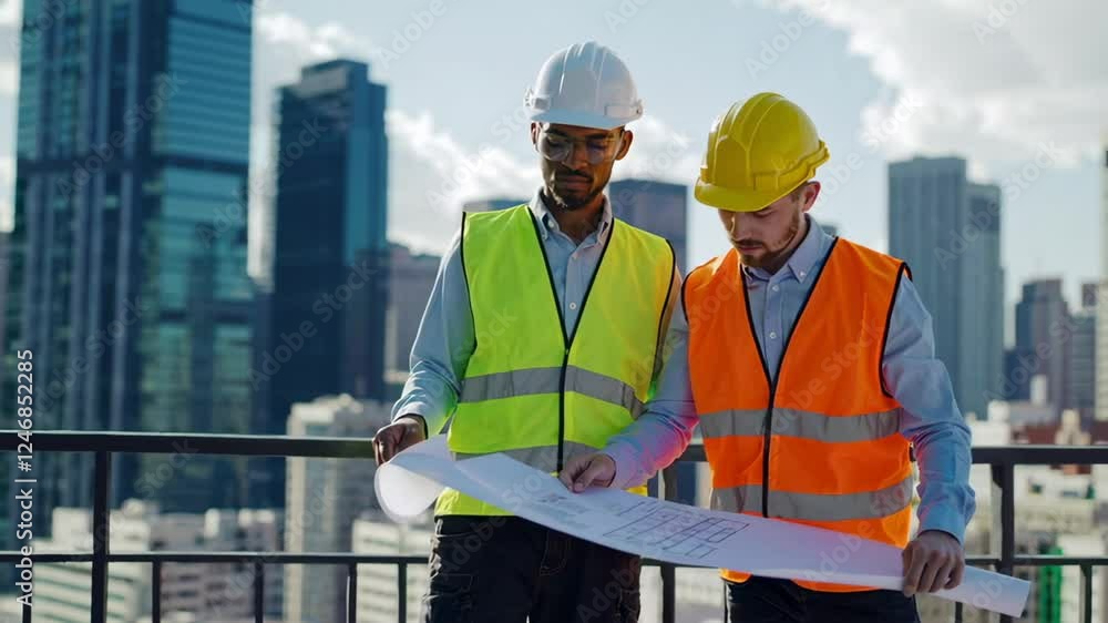 Poster Two engineers wearing safety vests and hard hats are examining blueprints on a rooftop with a cityscape in the background, captured in slow motion