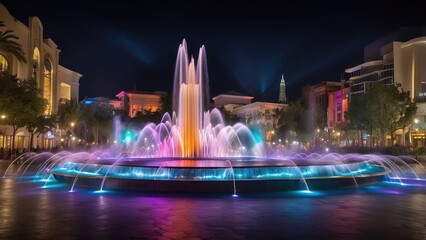 1. "Dubai's Colorful Illuminated Fountain with Vibrant Lights and Reflections, United Arab Emirates."