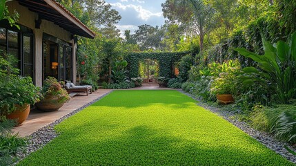 Obraz premium Lush green lawn in a tropical garden, bordered by stone and vibrant plants, leading to a secluded patio.