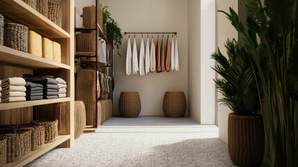 A modern, organized hallway featuring shelves with towels, woven baskets, and greenery for a tranquil atmosphere.