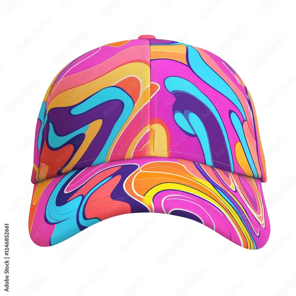 Poster a vibrant baseball cap features a colorful abstract design with swirling, multicolored patterns in s