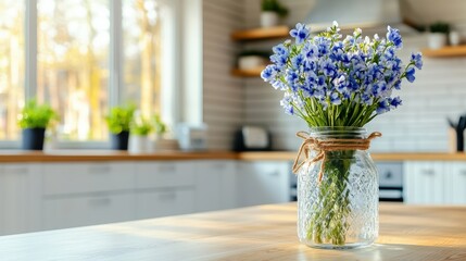 Vase of assorted flowers placed on a wooden table in a bright indoor setting