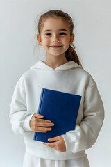 Obraz premium Smiling young girl holding blue book against white background