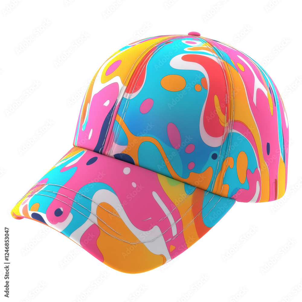 Poster a vibrant baseball cap with an abstract colorful pattern is shown against a black background.