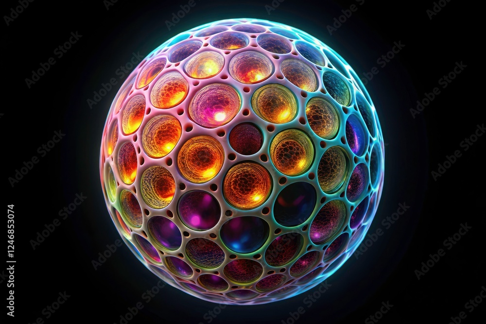 Poster geometric cellular structures form a 3d sphere, rendered against an abstract black backdrop, in arch