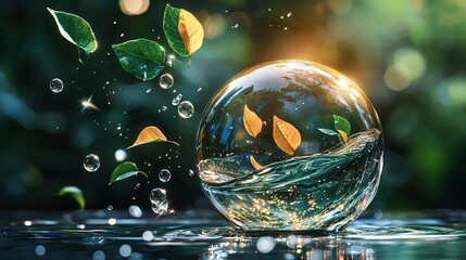 Water Sphere with Green and Yellow Leaves and Bokeh Background