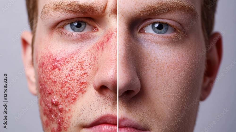 Aufkleber split face comparison contrasts acne and redness with smooth glowing skin, showcasing skincare trans