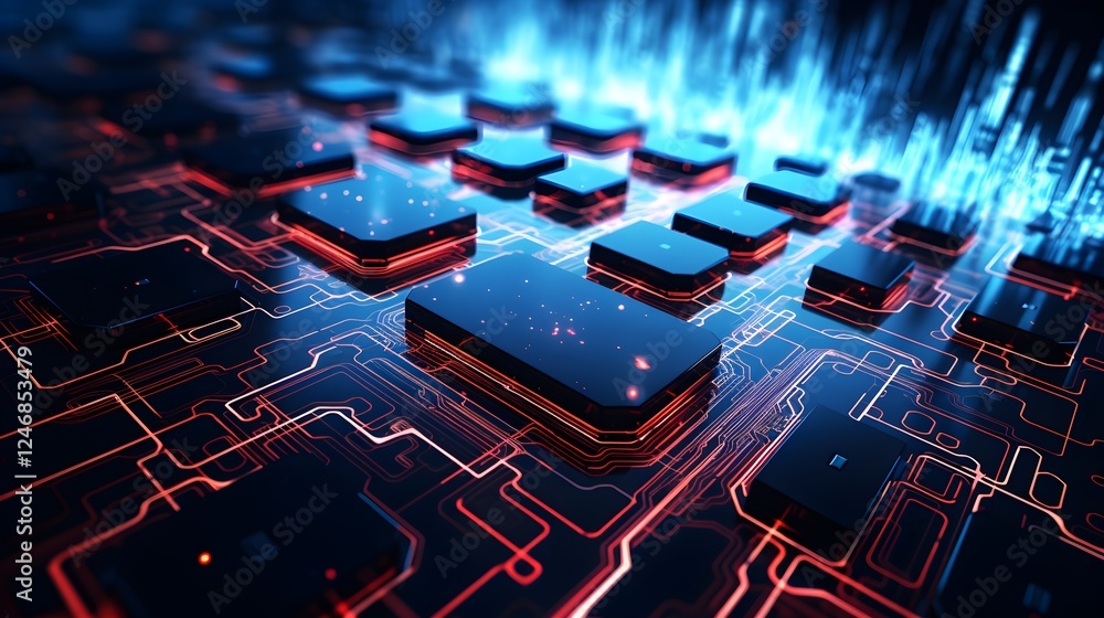 Poster futuristic digital circuit board technology abstract red and blue glowing lines high tech microchip