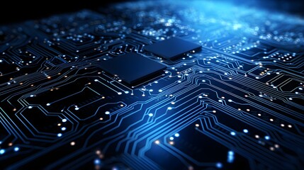 High tech Circuit Board with Microchips Close up View of Electronic Components and Glowing