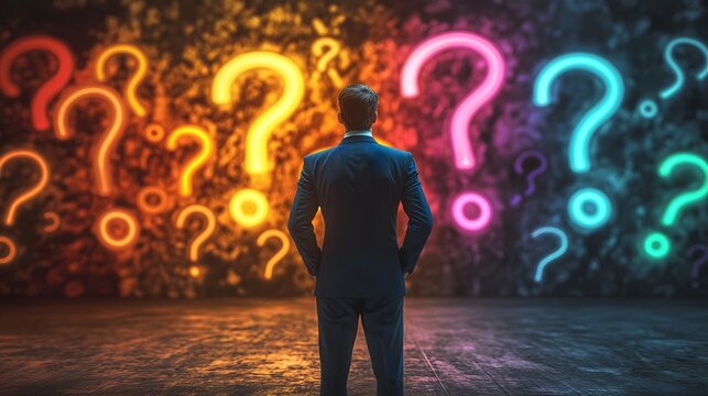 Businessman in a dark suit contemplating choices in front of colorful question marks on a vibrant wall