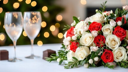 Festive Red And White Rose Bouquet On Table With Wine Glasses And Chocolates
