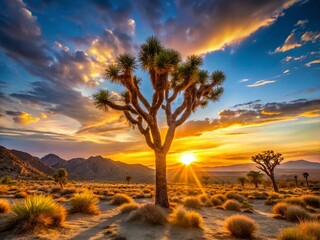 Majestic Joshua Tree Silhouette at Sunrise, California Desert Landscape