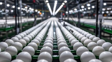 Obraz premium Egg production facility monitoring and assessing egg quality in a bright, spacious environment