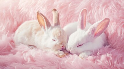 rabbit sleeping on pink fur pillow