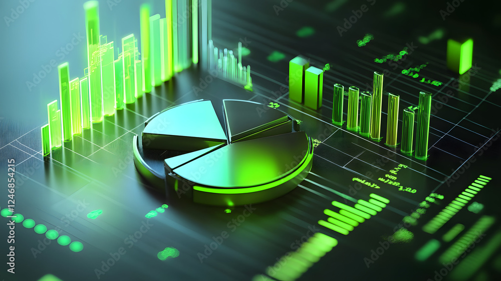 Poster cute isometric 3d image of 3d pie chart and bar chart in realistic metallic silver illuminated by ne
