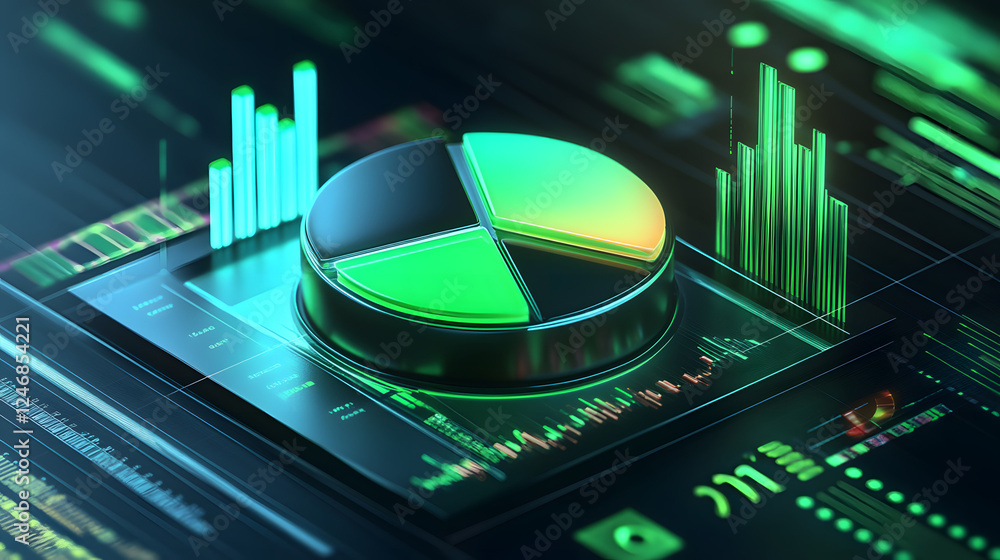 Poster cute isometric 3d image of 3d pie chart and bar chart in realistic metallic silver illuminated by ne