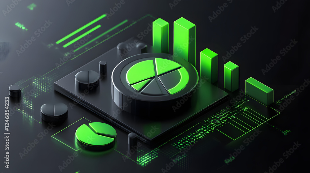 Poster cute isometric 3d image of 3d pie chart and bar chart in realistic metallic silver illuminated by ne