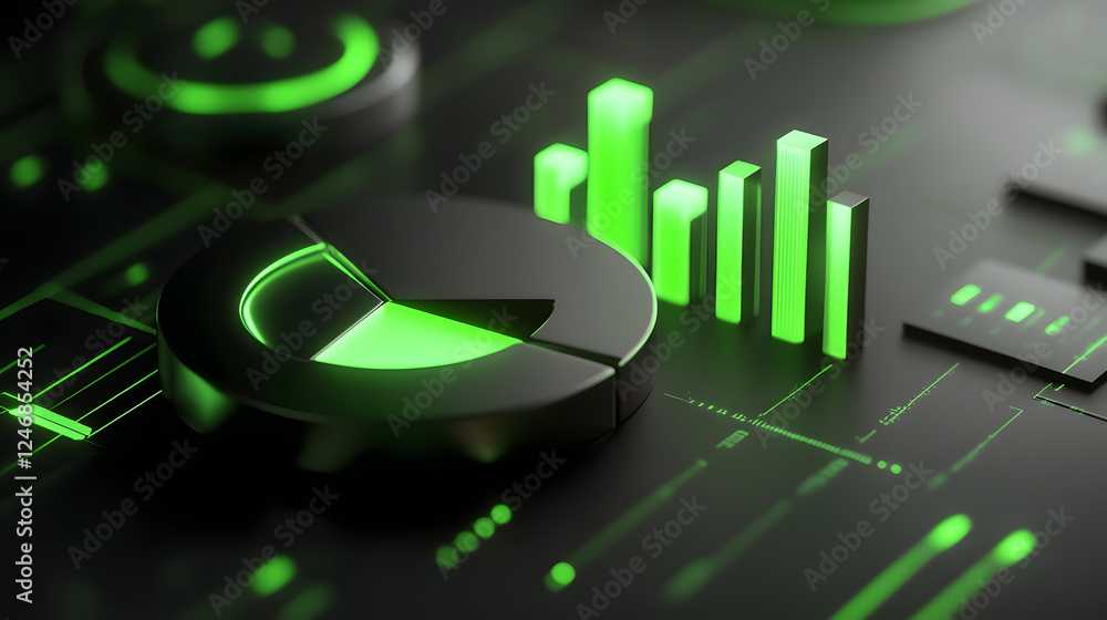 Poster cute isometric 3d image of 3d pie chart and bar chart in realistic metallic silver illuminated by ne