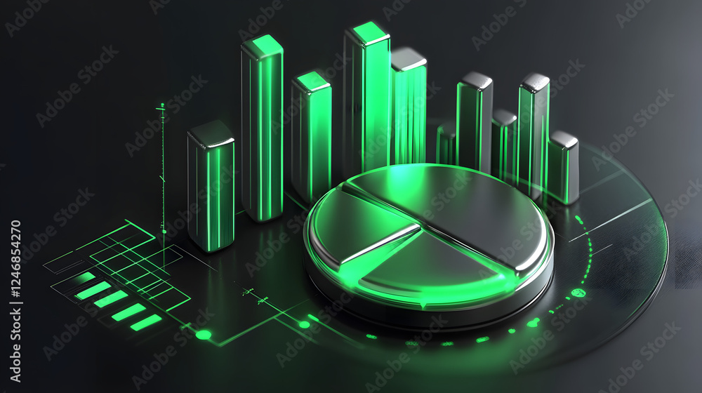 Poster cute isometric 3d image of 3d pie chart and bar chart in realistic metallic silver illuminated by ne