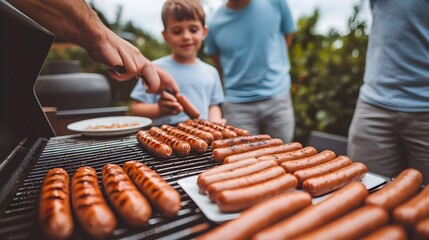 Family Summer BBQ Grill Party Delicious Sausages Grilling Outdoors